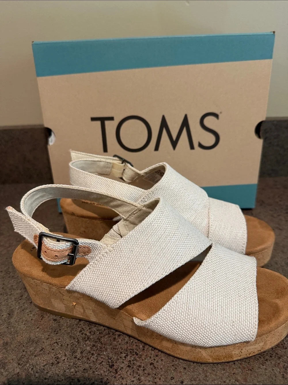 TOMS Claudine Cream Canvas Slingback Wedge Sandals